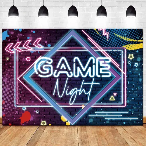 Vista 8 de Fondos de fotografía con temática de noche de juegos, fondo de fotos de neón brillante, 5 x 3 pies, para juegos en fiestas de cumpleaños, pijamadas