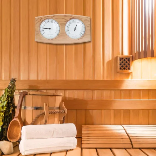 Vista 4 de Termómetro de sauna, termómetro higrómetro de madera 2 en 1, termómetro de doble esfera higrómetro higrómetro para accesorios de sala de sauna