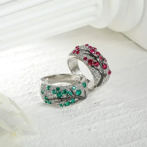 Vista 7 de RANDES Anillo de plata de ley 925 para mujer, diseño de ramas de cerezo, creado en laboratorio, rubí y esmeralda