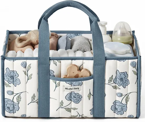 Vista 12 de Blissful Diary Organizador de pañales a cuadros, elegante cesta de almacenamiento para guardería, regalo para baby shower, artículos esenciales