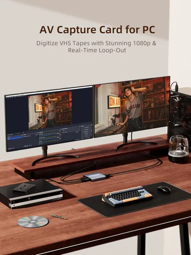 Vista 2 de Tarjeta de captura VHS a digital - Tarjeta de captura de video USB con salida de bucle HDMI, RCA AV a USB para VCR/DVD/Hi8/PS2/Wii, convertidor Gris