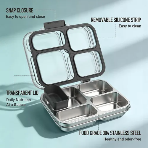 Vista 2 de Caja Bento de acero inoxidable para niños con recipiente de silicona, lonchera metálica de 4 compartimentos para niños y adultos, sello de silicona