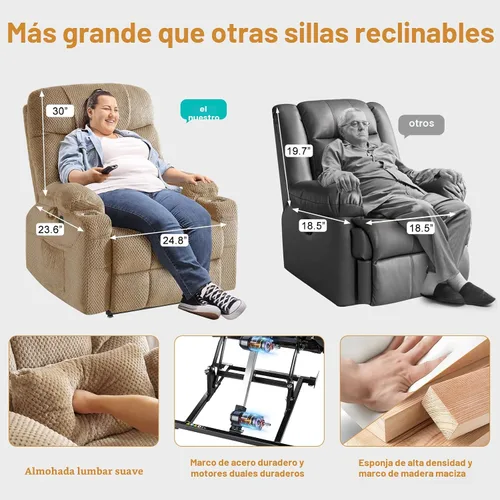 Vista 4 de CDCASA Silla Reclinable de Elevación Eléctrica de Gran Tamaño con Doble Motor que se Recuesta Completamente con Masaje, Calefacción, Textil