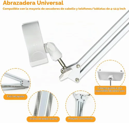Vista 3 de Soporte blanco para secador de pelo de perro, soporte giratorio de 360° con abrazadera ajustable para secadores de pelo, soporte 3 en 1 para secador