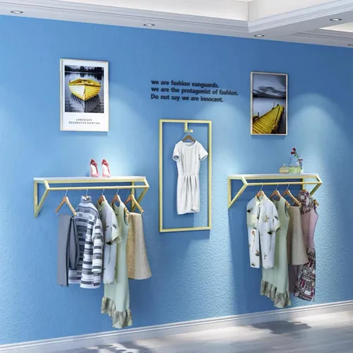 Vista 8 de Modern Simple - Estante de exhibición de metal resistente para hombres y mujeres, perchero de pared con madera, riel para ropa, toallero para colgar