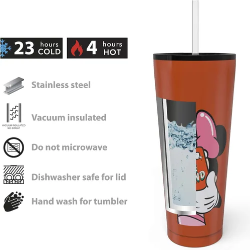Vista 7 de Zak Designs Disney Minnie Mouse - Vaso de viaje de acero inoxidable con aislamiento al vacío con tapa a prueba de salpicaduras, incluye popote