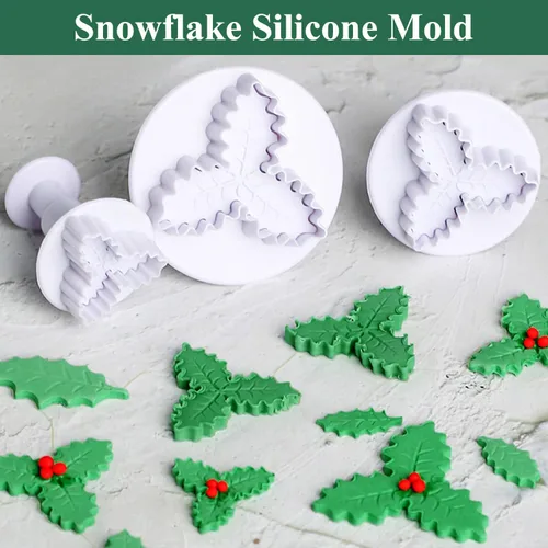 Vista 4 de KALAIEN 3 unids Holly Leaf Plunger Cutter Fondant Hornear Herramientas Cake Cookie Sugarcraft Decoración Molde