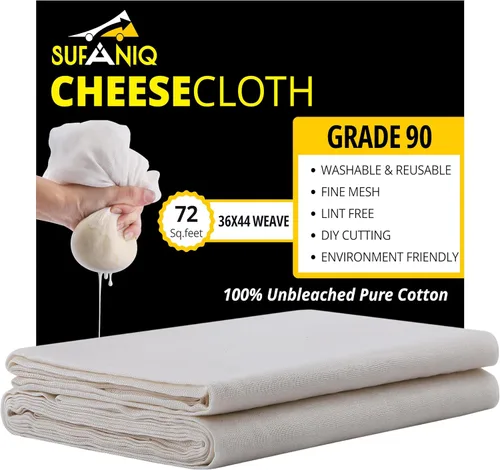 Vista 7 de Sufaniq Paños de Queso, Grado 90 (9 Pies Cuadrados) Estopilla Reutilizable de Algodón 100% Puro, Tela Ultrafina Sin Blanquear, Estopilla para Colar