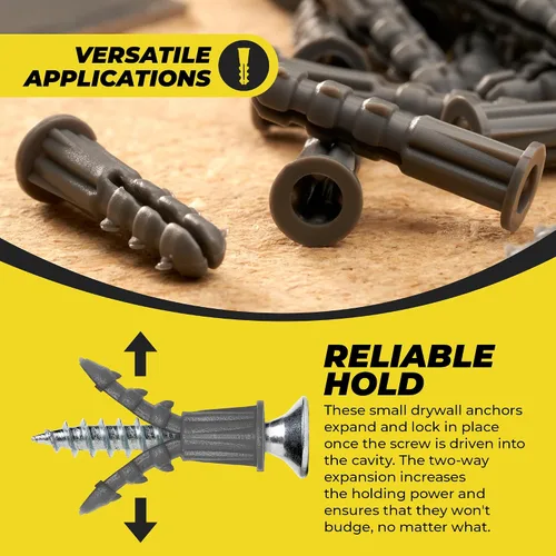 Vista 2 de Anclajes de yeso de plástico acanalados Qualihome - Anclajes de pared para paneles de yeso - Anclajes de tornillo de plástico para paneles de yeso