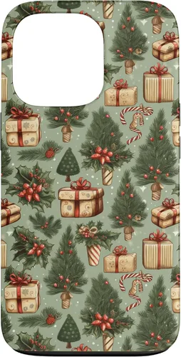 Vista 10 de Vintage Christmas Theme Holiday Trees, Presents, Teal, Bows Case for iPhone 17