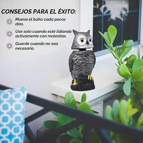 Vista 7 de Señuelo de búho para asustar a los pájaros Espantapájaros falso búho con cabeza giratoria, 15 pulgadas