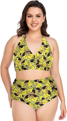 Vista 8 de Bikini de 2 piezas para mujer, talla grande, cintura alta, cuello halter, fruncido, control de abdomen Murciélagos Cruces Estrellas