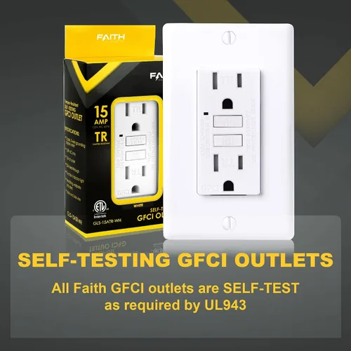Vista 2 de Faith Salida GFCI de 15 amperios, lista ETL, toma eléctrica GFI resistente a manipulaciones, interruptor de circuito de falla de tierra