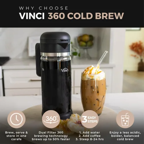 Vista 3 de VINCI Cold Brew 360, Cafetera de Café Frío de Vidrio con Tecnología de Preparación de Doble Filtro 360 Patentada, Preparación Fría para Café Helado