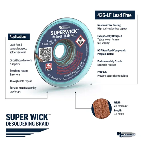 Vista 3 de MG Chemicals - Trenza desoldadora 426-LF #4 Super Wick de trenza fina para soldadura sin plomo, 0.10 pulgadas de ancho x 5 pies de largo