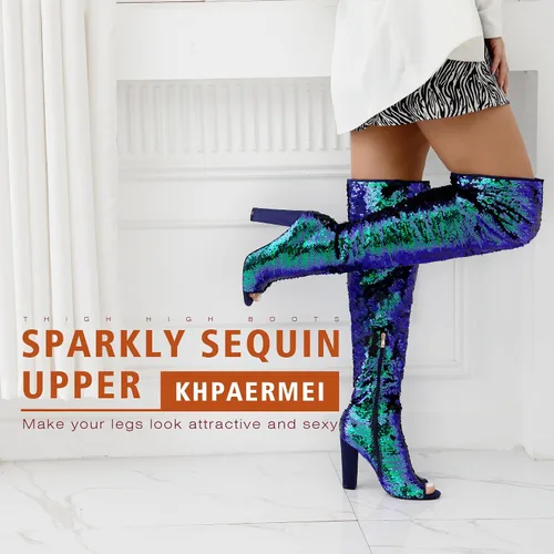 Vista 3 de KHPAERMEI Botas altas brillantes hasta el muslo para mujer, botas altas sexys con lentejuelas sobre la rodilla, para fiestas, bailes, puntera