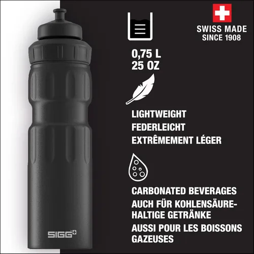 Vista 2 de SIGG - Botella de agua deportiva - WMB Sports Black - Con tapa deportiva de 3 etapas - Fabricado en Suiza - A prueba de fugas - Ligero - Metal