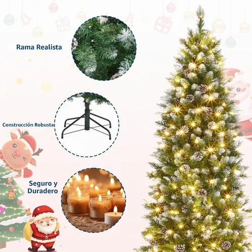 Vista 4 de Árbol de Navidad artificial flocado de nieve de 6 pies, árbol de Navidad delgado sin luz con piñas, puntas de ramas de PVC, soporte de metal