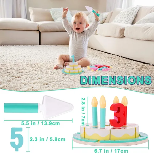 Vista 3 de Juguetes para cortar pasteles de cumpleaños, juego de comida de madera para niños pequeños, juguetes de cocina para niños y niñas
