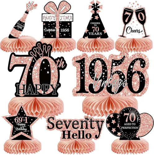 Vista 39 de 9 piezas de decoración de cumpleaños negro dorado 16 centros de mesa de panal para niños y niñas, centros de mesa de feliz cumpleaños 16 Oro negro 16