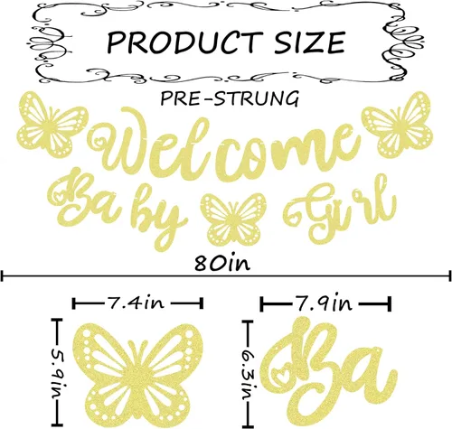 Vista 3 de Cartel de bienvenida preencordado para bebé niña, decoración de fiesta de bienvenida con purpurina dorada, perfecta para fiesta de revelación