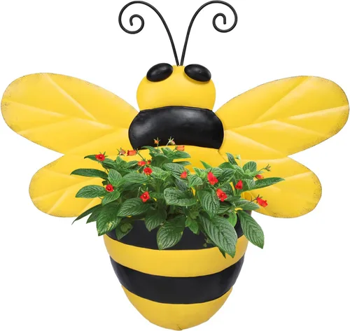 Vista 9 de Macetero de Pared de Metal Abeja Maceteros de Pared Montados Maceta Pequeña con Drenaje para Interior Exterior Macetero Colgante Estilo Granja