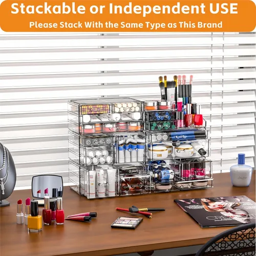 Vista 6 de Cq acrylic Organizadores de maquillaje para tocador con 6 cajones, paquete de 2 organizadores de cajones transparentes, bonitos accesorios