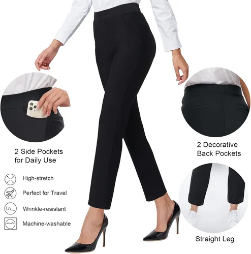 Vista 3 de Ginasy Pantalones de vestir negros para mujer, de negocios, casuales, de cintura alta, elásticos, para el trabajo, pierna recta, pantalones
