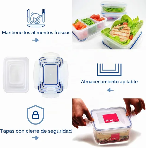 Vista 5 de Popit! - Juego de 8 recipientes transparentes para almacenamiento de alimentos, aptos para microondas y congelador, caja pequeña grande