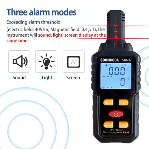 Vista 4 de Medidor EMF 3 en 1, Lector EMF, Detector de Radiación de Campo Electromagnético, Probador EMF para el Hogar, Detector EMF con Alarma de Luz
