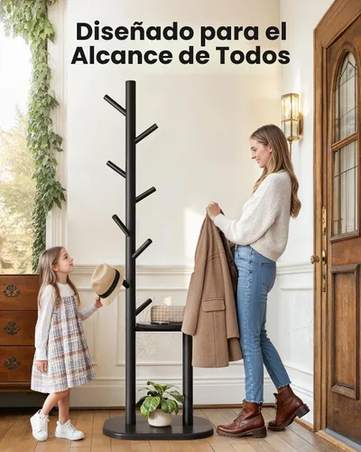 Vista 6 de Pipishell Perchero independiente de madera maciza con 8 ganchos y estantes 2 estantes de almacenamiento, base grande de una sola pieza