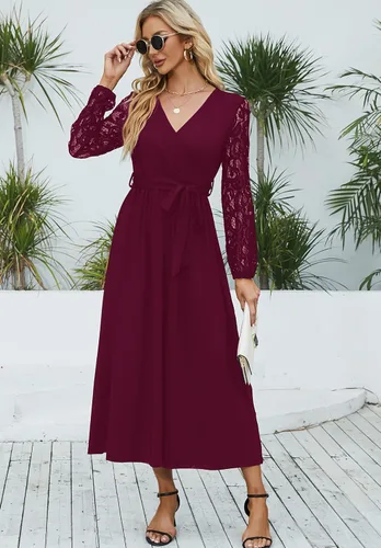Vista 3 de Runwind Elegante vestido largo para mujer, cuello en V, encaje de manga larga, vestidos de dama de honor con cinturón