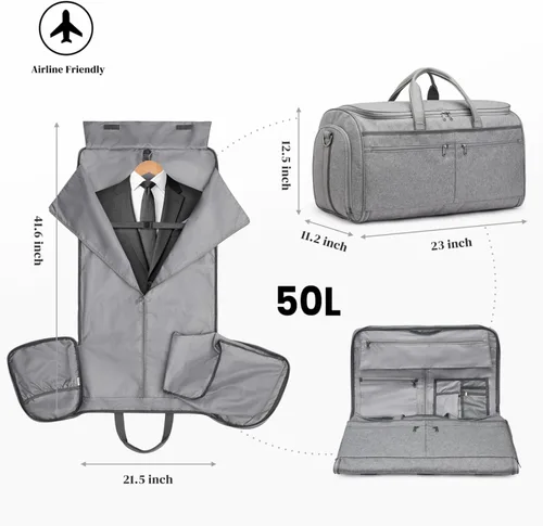 Vista 3 de S-ZONE Bolsa de viaje convertible de 50 litros para ropa de mano para hombres y mujeres, 2 en 1, maleta colgante para traje de viaje de negocios