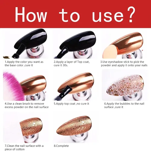 Vista 6 de Polvos holográficos de espejo para uñas, efecto dorado cromado, lentejuelas de polvo metálico puro, gel UV, pigmento de polvo cromado negro