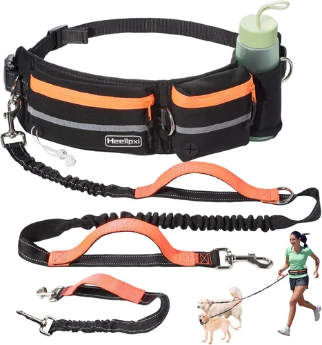 Vista 9 de Correa de cintura manos libres con bolsa para dos perros, costuras reflectantes, doble asa y diseño retráctil elástico, ideal para perros medianos a