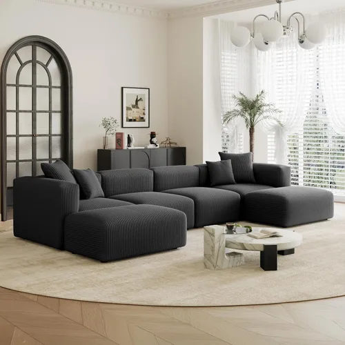 Vista 4 de Acanva - Sofá modular convertible con otomana, en forma de U, color negro Sofá de pana, marco de madera, combinación libre, sofá cama, para sala