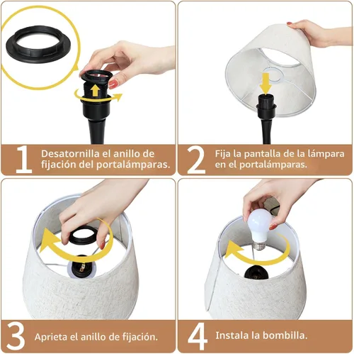 Vista 8 de ONEWISH - Juego de 2 lámparas de mesa de control táctil, de granja, regulables de 3 vías para mesita de noche con pantalla de tela, lámpara