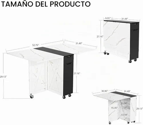 Vista 4 de 3imothrix Mesa de comedor plegable, mesa de comedor con cajón y almacenamiento y estantes, mesa de comedor que ahorra espacio con 6 ruedas, mesa