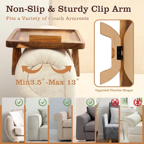 Vista 4 de Mesa de madera de acacia con reposabrazos, mesa de sofá para sala de estar, bandeja para reposabrazos de sofá con soporte giratorio para teléfono