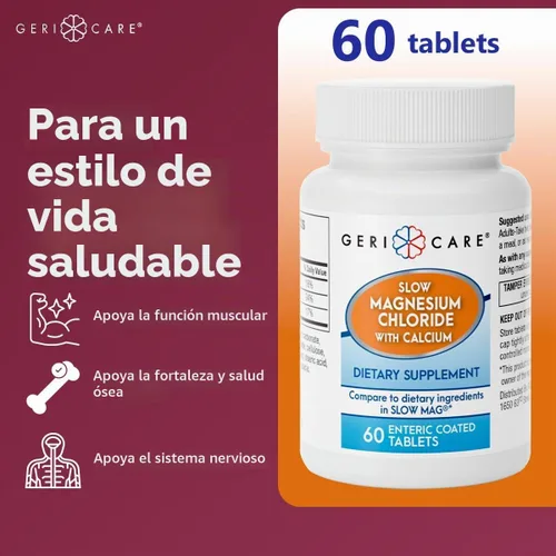 Vista 2 de Gericare Cloruro de magnesio lento Tabletas de calcio de Geri-Care Suplemento nutricional Botella de 60 unidades (paquete de 1)