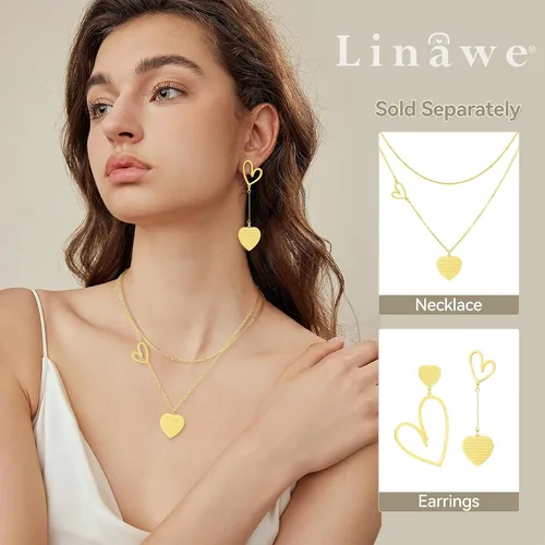 Vista 3 de Linawe Aretes colgantes con forma de corazón para mujer, de acero inoxidable, hipoalergénicos, asimétricos, para el día de San Valentín