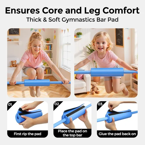 Vista 4 de Sportsroyals Barra de gimnasia para niños, barras horizontales de gimnasia de altura ajustable, barra de gimnasia plegable para el hogar, color rosa