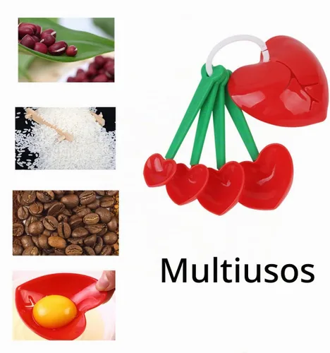 Vista 7 de Cucharas medidoras de cereza, 2 cucharaditas medidoras de plástico con forma de corazón, juego de cucharas medidoras de plástico para líquidos