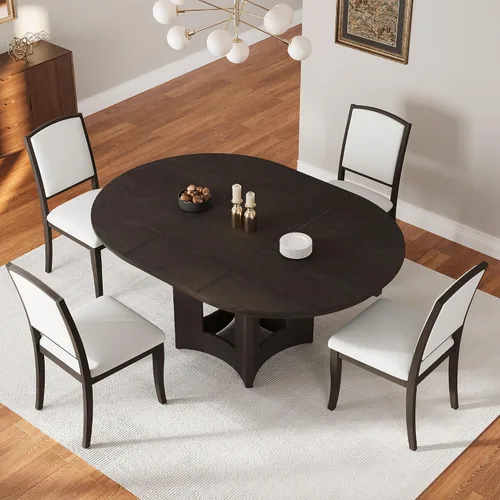 Vista 34 de VilroCaz Juego de comedor funcional retro de 5 piezas, mesa de comedor extensible de madera maciza con una hoja de 16 pulgadas y 4 sillas tapizadas