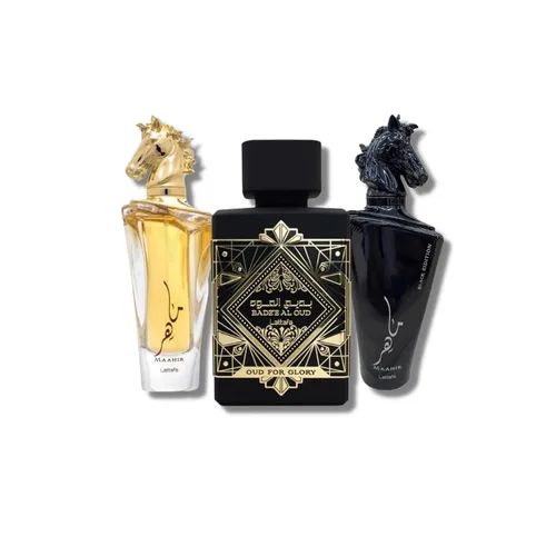 Vista 2 de Lattafa Set de regalo unisex de 3 piezas Eau de Parfum (Bade'e Al Oud Oud for Glory + Maahir + Maahir Black Edition para hombres) 3.4 onzas (100 ml)