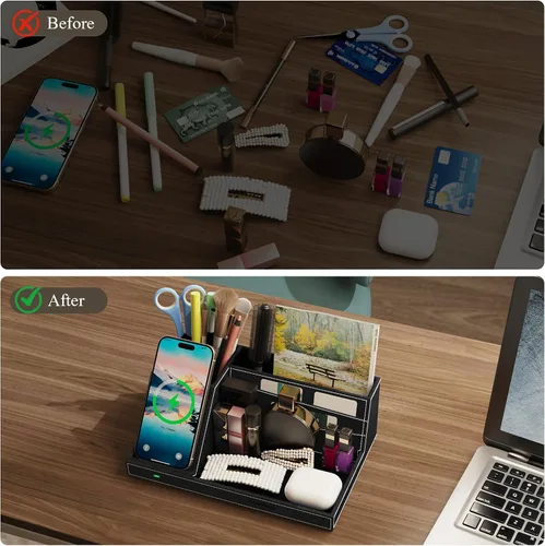 Vista 2 de TopMade Organizador de mesita de noche de escritorio con cargador inalámbrico, soporte de cuero para bolígrafos, accesorios de oficina, estación