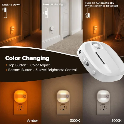 Vista 2 de LED Night Lights Plug Into Wall, Motion Sensor Foldable 2 Pack Night Light with Dusk to Dawn Sensor, 2000K/3000K/5000K Adjustable Brightness for