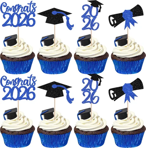 Vista 17 de 30 piezas de decoración para cupcakes de graduación para la clase de 2026 con purpurina brillante para el futuro diploma hecho 2026 Felicidades