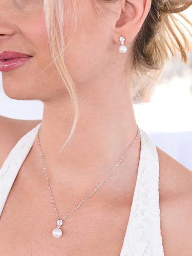 Vista 3 de Mariell Juego de collar y aretes de boda de circonita cúbica y perlas de marfil para damas de honor y novias Metal Gema Perla de imitación Circonita