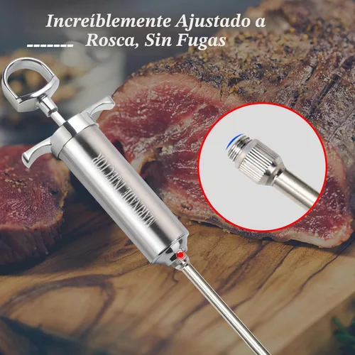 Vista 2 de Inyector de carne de acero inoxidable con 4 agujas de inyector de adobo profesional para parrilla, ahumador, barbacoa, manual de usuario, libro